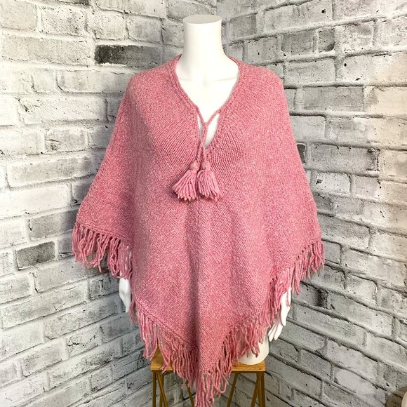 Vintage World Folk Art Pink Fringe Knit Boho Hippie Poncho - Picture 1 of 12